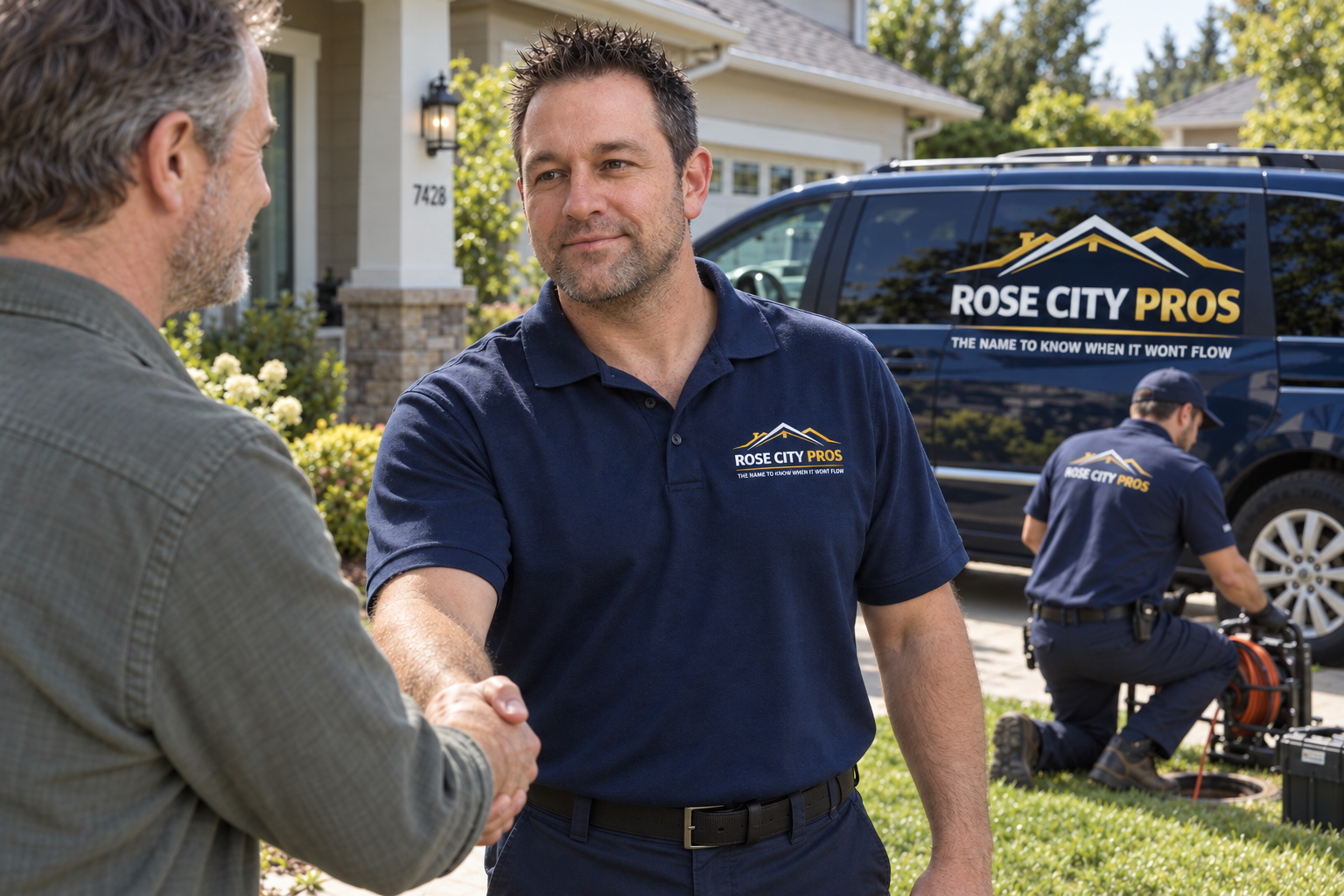 Illustration of a Rose City Pros representative greeting a homeowner, with a branded minivan and drain-service employee behind them